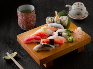 A beautiful plate of assorted sushi